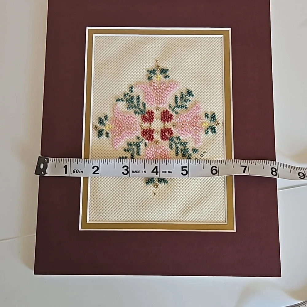 Hand Crafted Glass Beaded Art Floral Needlepoint Beadwork Pink Flower Framed